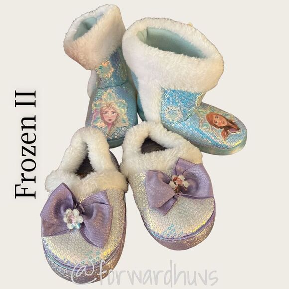 Frozen II - 2 Pair Sequin Kids Booties and Slippers Size 7/8 - Picture 1 of 12